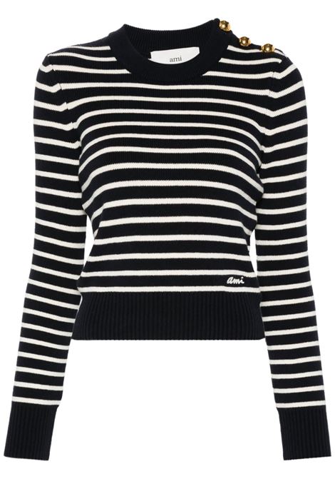 Blue and white ribbed-knit striped jumper.AMI Paris - men